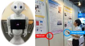 笑顔度を利用した対話ロボット（左）iBeaconとスマートフォンを利用した行動抽出（右）